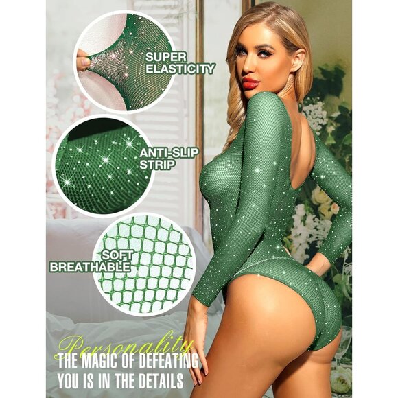 Women Green Lingerie Fishnet Teddy Sparkle Rhinestone One Piece Mesh Bodysuit - Picture 2 of 4